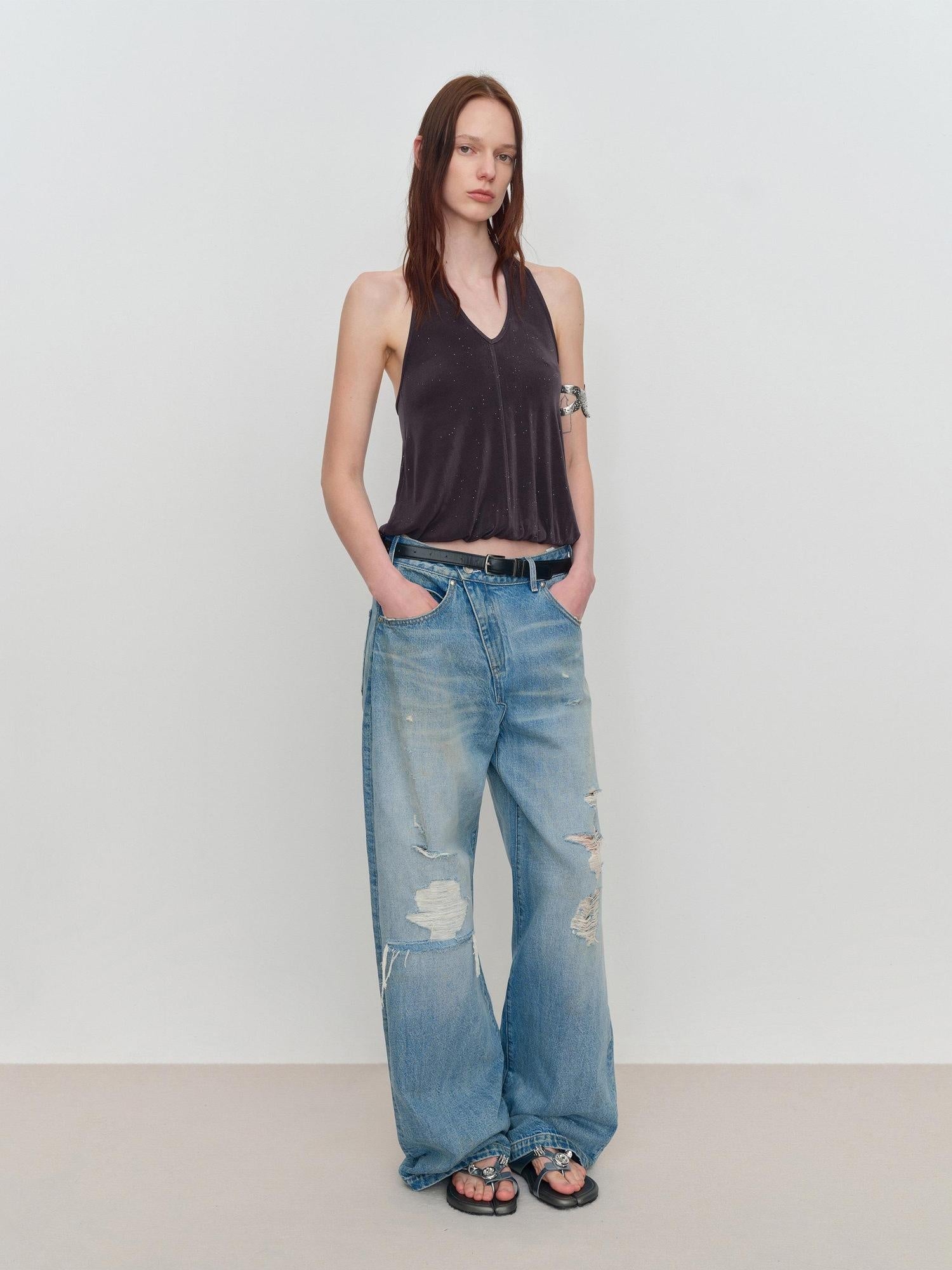 RUN TO THE FUTURE Durable Distressed Low Rise Loose Fit Casual Light Blue Denim Wide-Leg Jeans