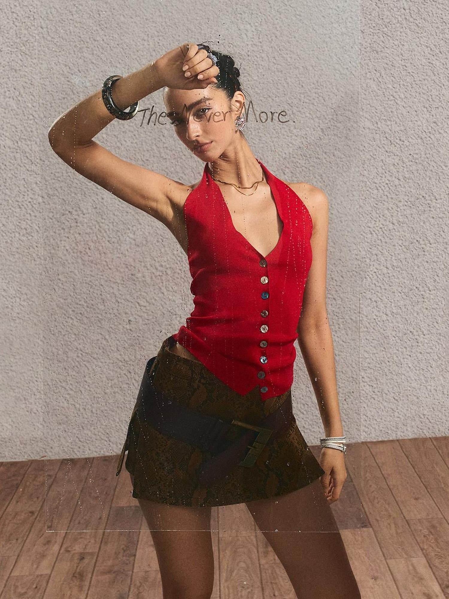 The NeverMore Silky Rayon Backless Halter V-neck Slim Cropped Sexy Women Tank Tops &amp; Camis