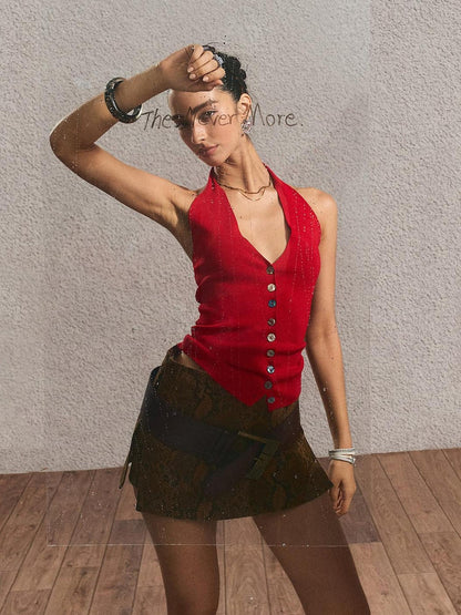 The NeverMore Silky Rayon Backless Halter V-neck Slim Cropped Sexy Women Tank Tops &amp; Camis
