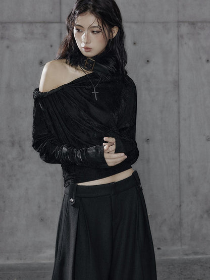 Low pixel Vintage Waist Long Sleeve Slant Neck Black Knit Women Off Shoulder Crop Tops
