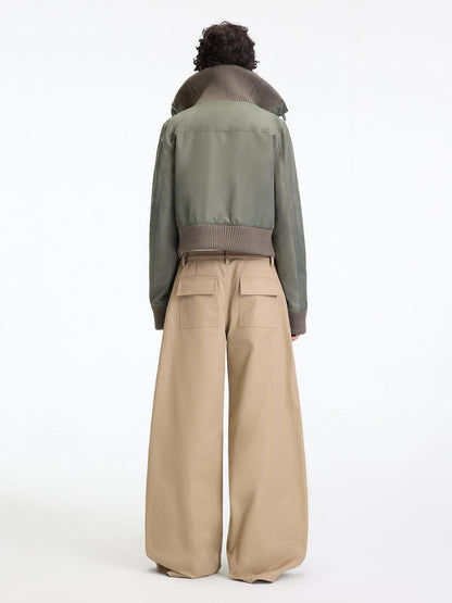 RUN TO THE FUTURE Leopard Patchwork Casual Loose Straight Leg Mid Rise Zip Fly Cotton Khaki Chinos
