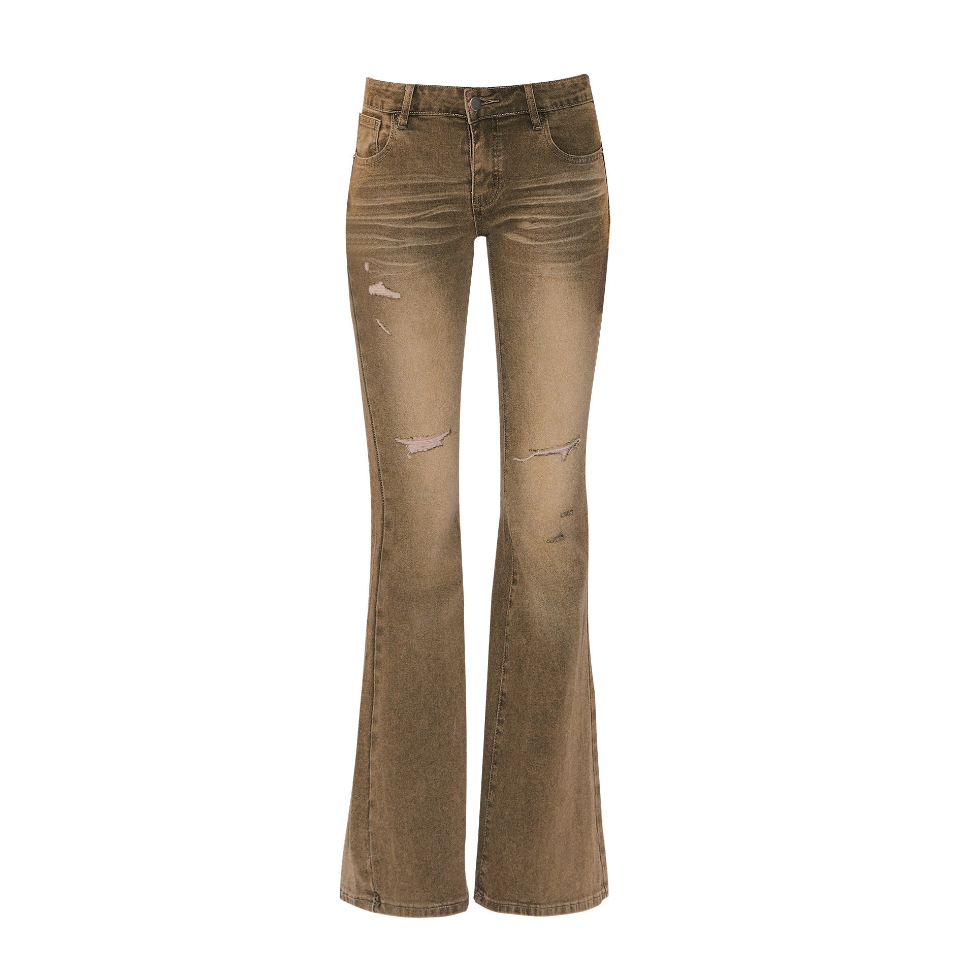 The NeverMore Brown Washed Low Rise Ripped Sexy Slim Fit Cotton Slight Stretch Womens Jeans