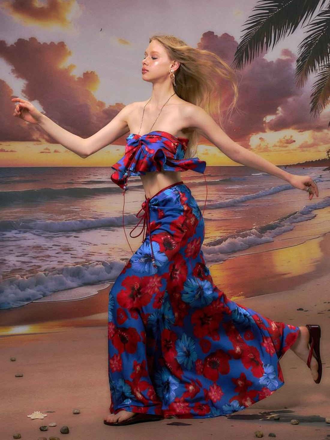 The NeverMore Sexy Two Piece Bandeau Maxi Skirt Polyester Women Blue Maxi Dresses