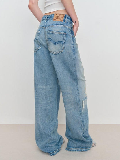 RUN TO THE FUTURE Durable Distressed Low Rise Loose Fit Casual Light Blue Denim Wide-Leg Jeans