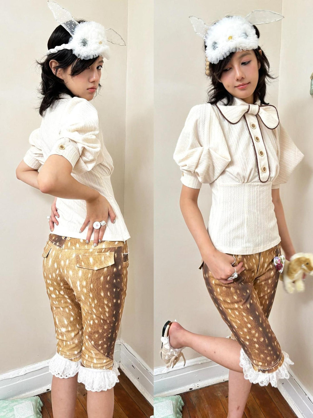 nit alcove Cute Deer Print Double Layer Denim Casual Natural Waist Girls Mid-Length Shorts