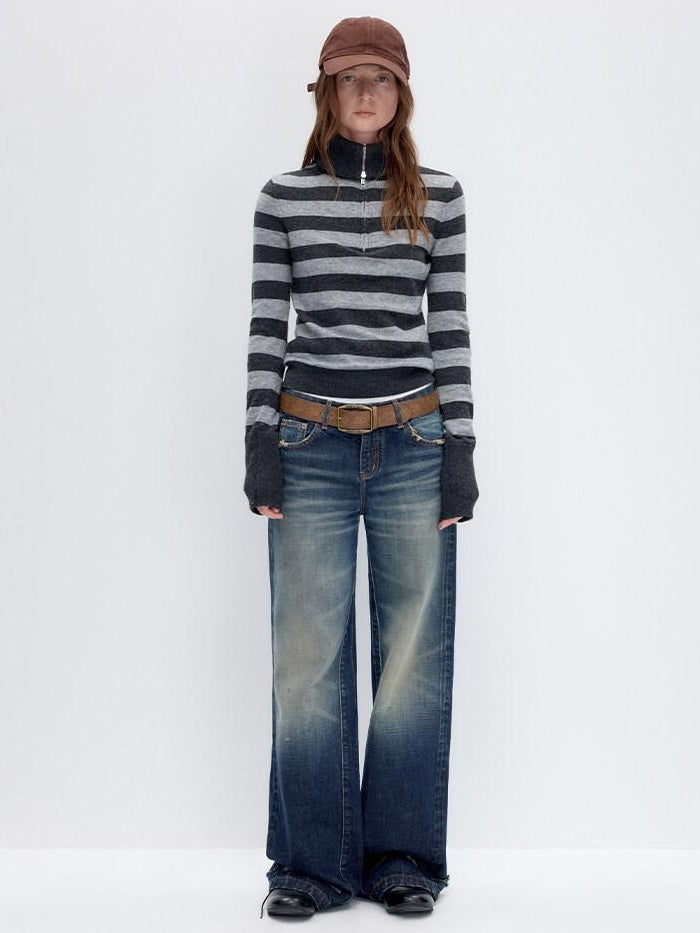 RUN TO THE FUTURE Washed Deep Navy Low Rise Loose Fit Casual Denim Wide Leg Straight Jeans