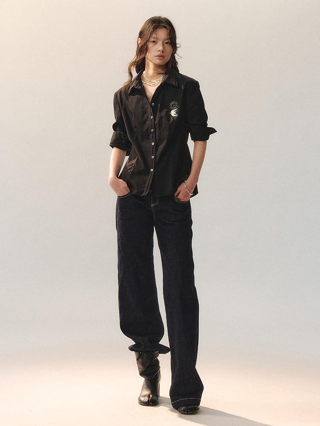 AnnoMundi Embroidered Lyocell Lace Slim Fit Double Collar Long Sleeve Women Black Blouses
