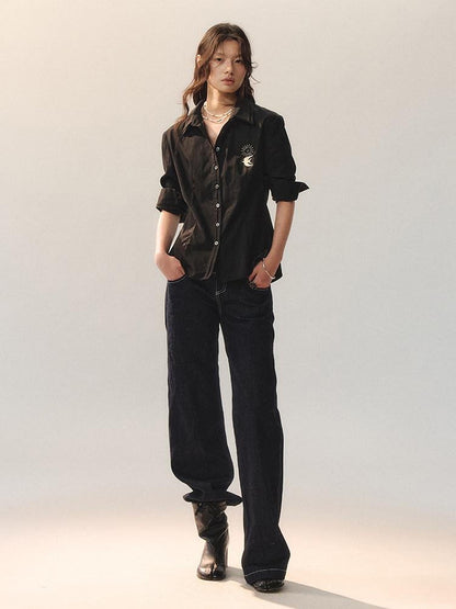 AnnoMundi Embroidered Lyocell Lace Slim Fit Double Collar Long Sleeve Women Black Blouses