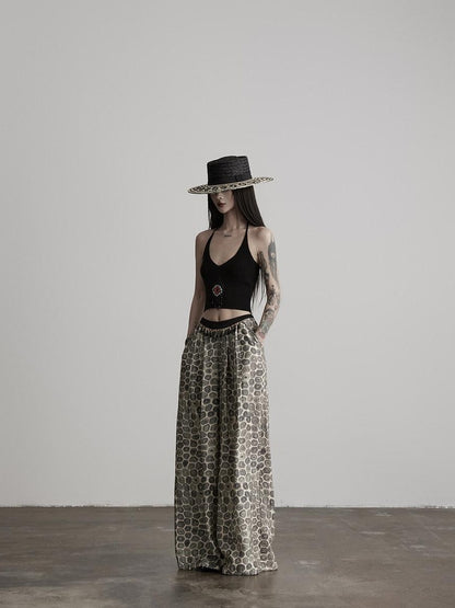 INDULGE Durable Viscose Blend Vintage Patchwork Abstract Pockets Women Wide-Leg Pants