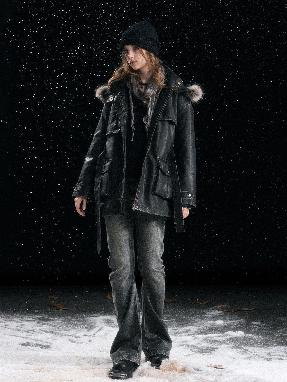 Cest Nous Fur Collar Hooded Utility Distressed Women&