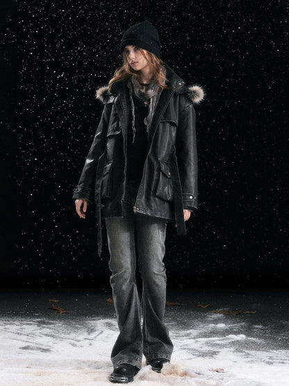 Cest Nous Fur Collar Hooded Utility Distressed Women&