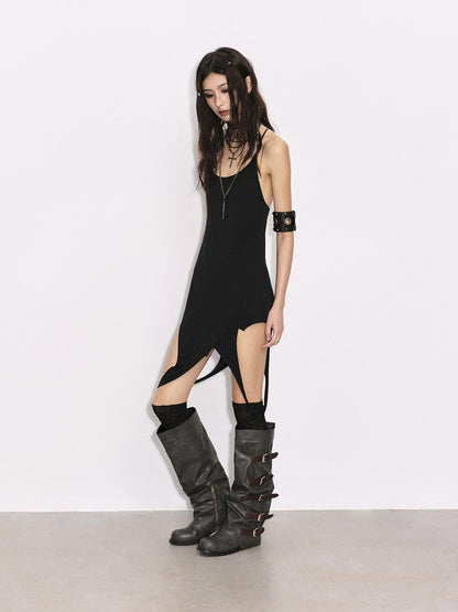 Low pixel Soft Bamboo Fiber Stretch Spaghetti Strap Pullover Black Midi Dresses