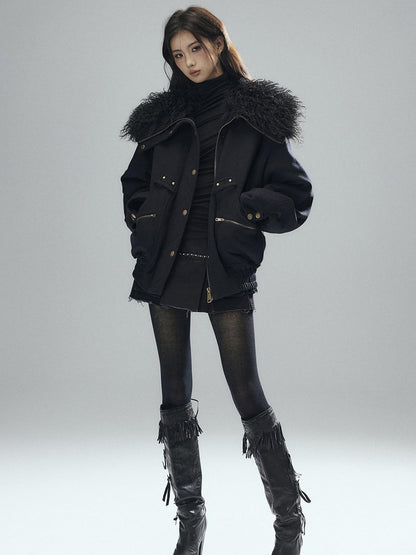 Low pixel Thick Wool Blend Multi Pocket Loose Fit Sexy Girl Black Zipper Cropped Jackets