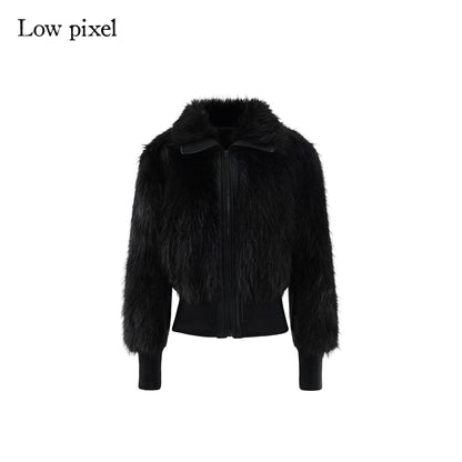 Low pixel Warm Thick Black Sexy Slim Fit Spandex Zipper Lapel Women Cropped Jackets