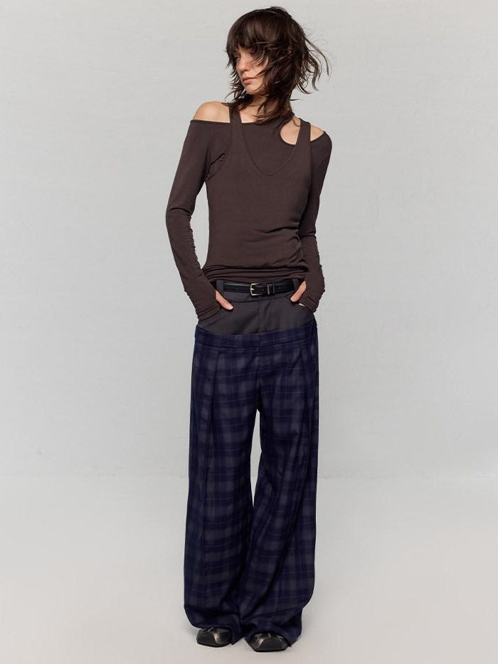 RUN TO THE FUTURE Original Double Waist Pockets Low Rise Wide Leg Women Blue Grey Plaid Chinos