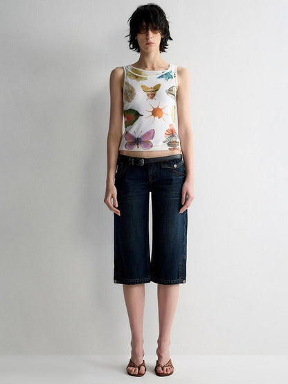 RUN TO THE FUTURE Original Print Asymmetrical Slim Fit Tencel Cropped Animal Women White Tank Tops
