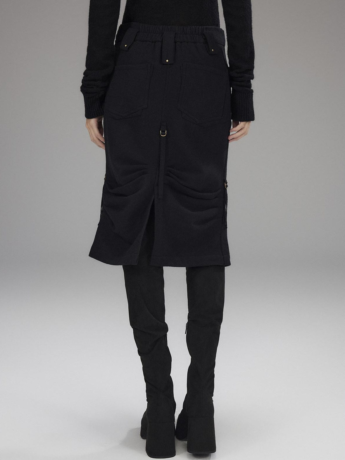 Low pixel Wool Blend Low Rise Cargo Pockets Front Slit Hline Casual Black Midi Skirts