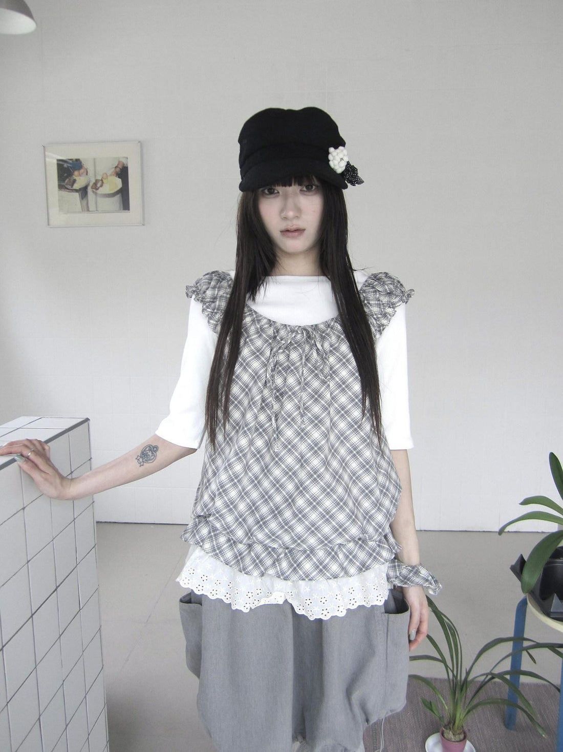 ang project Vintage Plaid Lace Trim Tie Patchwork Round Neck Women&