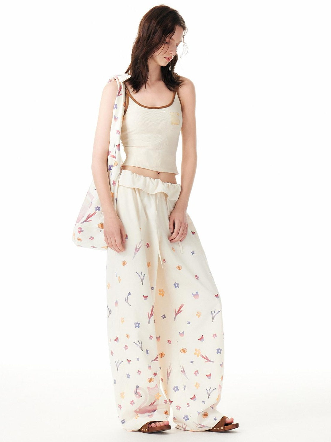 OuttheBlue Cute Cat Floral Print Sweet Natural Waist Long Polyester Women Straight Pants