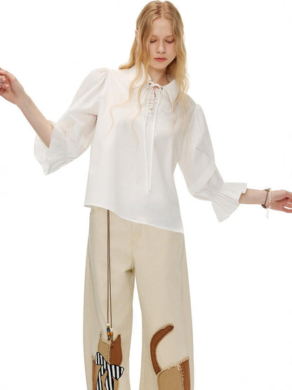 OuttheBlue Lightweight Cotton Lyocell High Waist Tie Casual Puff Sleeves Women Blouses