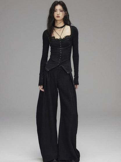 Low pixel Black Wool Blend Low Rise Zipper Casual Straight Hem Women Wide Leg Pants