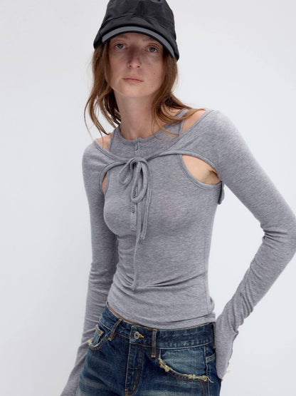 RUN TO THE FUTURE Lyocell Wool Slim Fit Cutout Vintage Commuter Ladies Black Long Sleeve T-Shirts