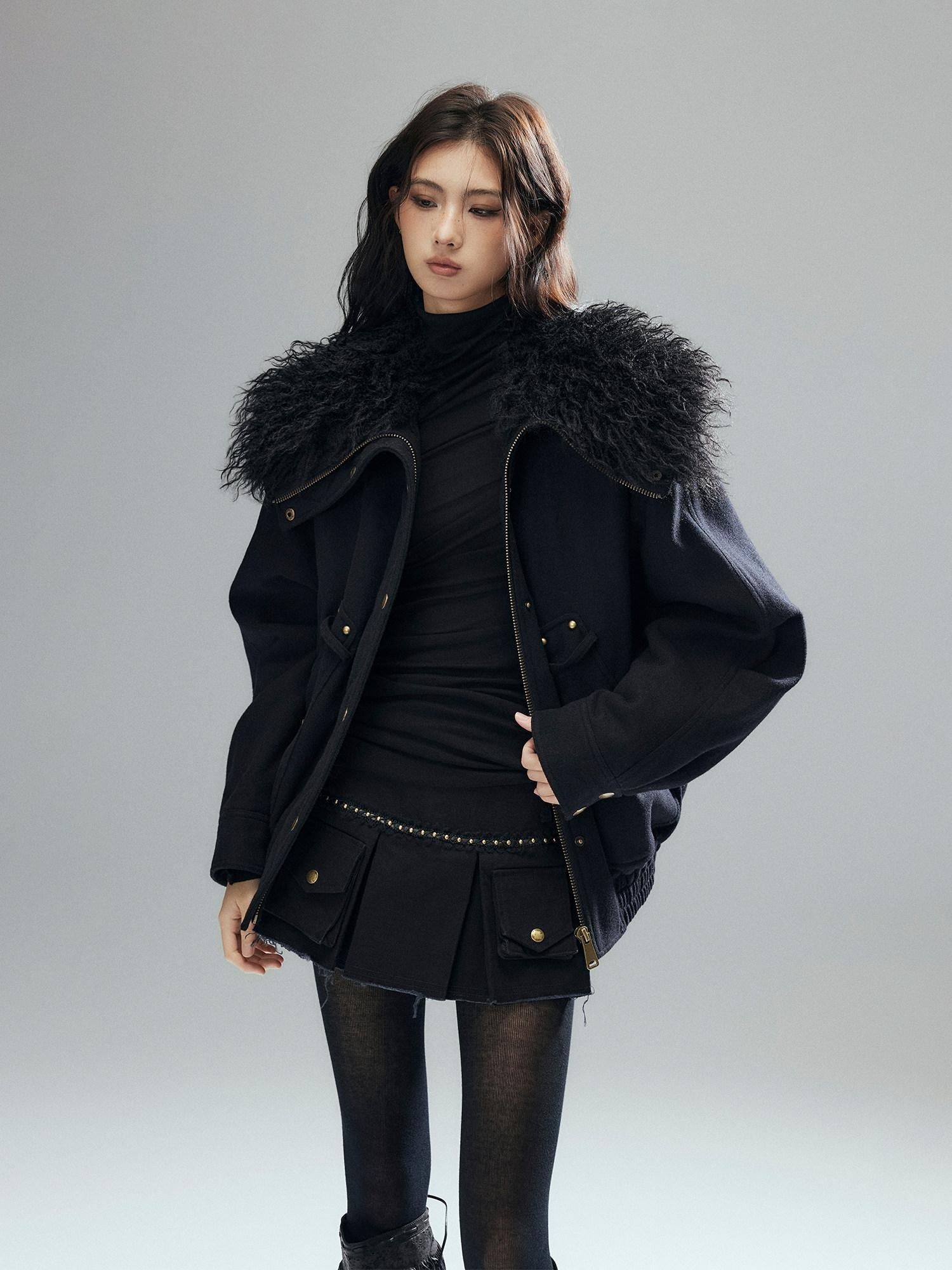 Low pixel Thick Wool Blend Multi Pocket Loose Fit Sexy Girl Black Zipper Cropped Jackets