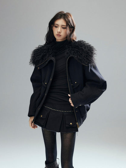 Low pixel Thick Wool Blend Multi Pocket Loose Fit Sexy Girl Black Zipper Cropped Jackets