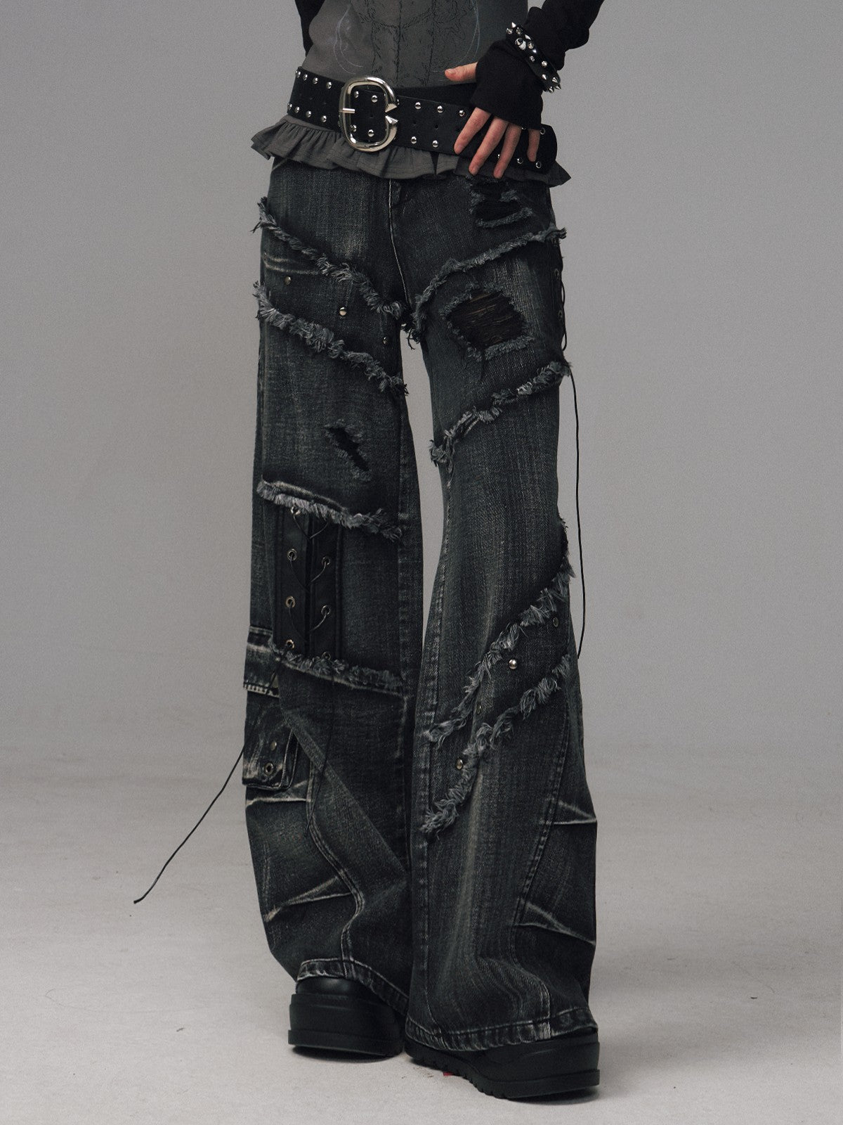 Frustration Garden Black Grey Street Punk Lace Up Frayed Rivet Women&