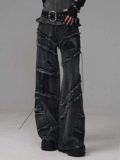 Frustration Garden Black Grey Street Punk Lace Up Frayed Rivet Women&