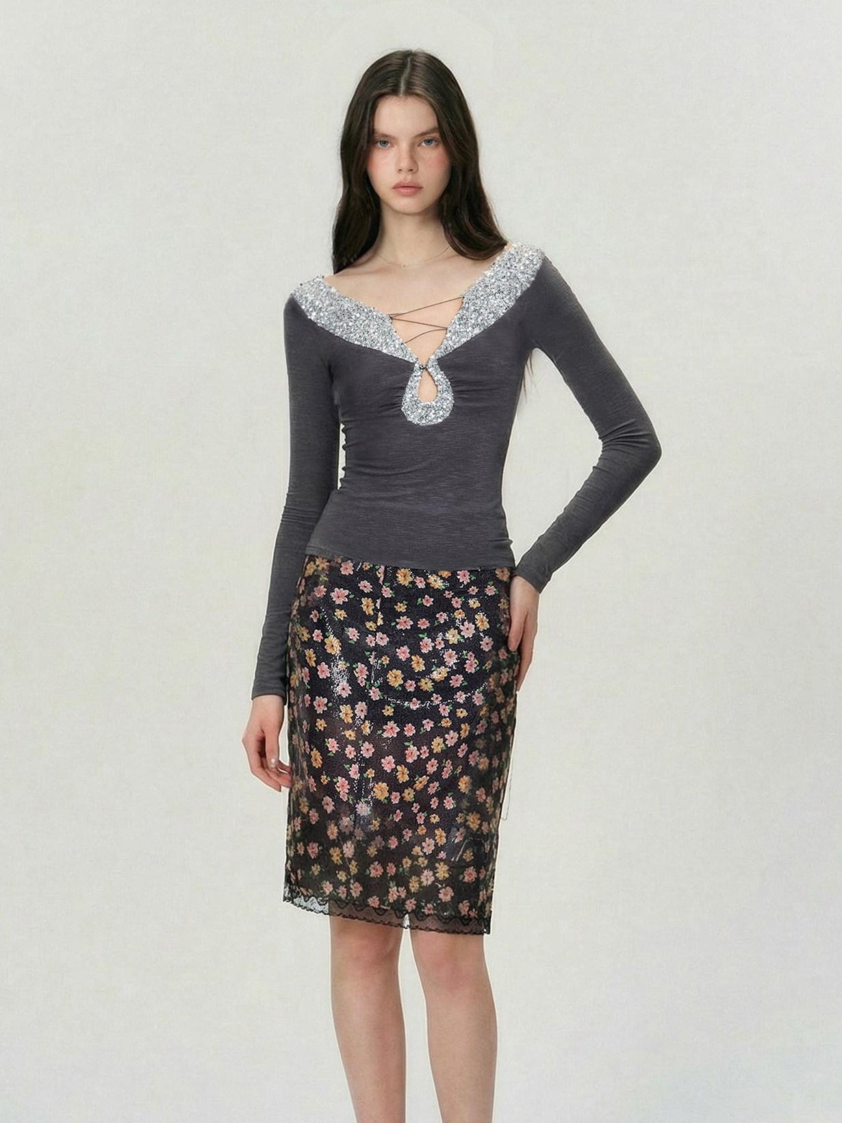 The NeverMore Antistatic Sequin Low Waist Bodycon Women Party Polyester Midi Skirts