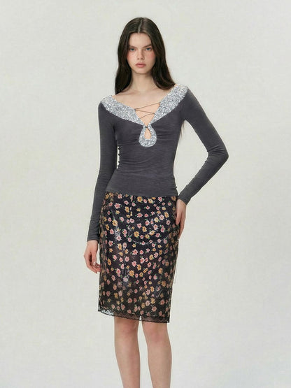The NeverMore Antistatic Sequin Low Waist Bodycon Women Party Polyester Midi Skirts