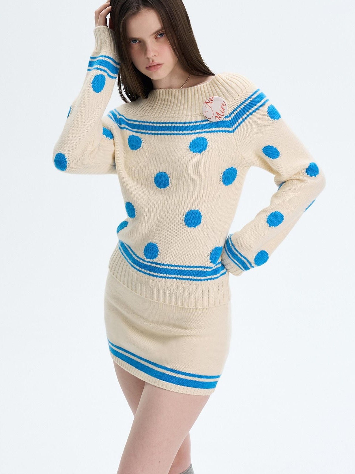 The NeverMore Cozy Thermal Acrylic Wool Polka Dot Boat Neck Relaxed Women Knit Sweaters