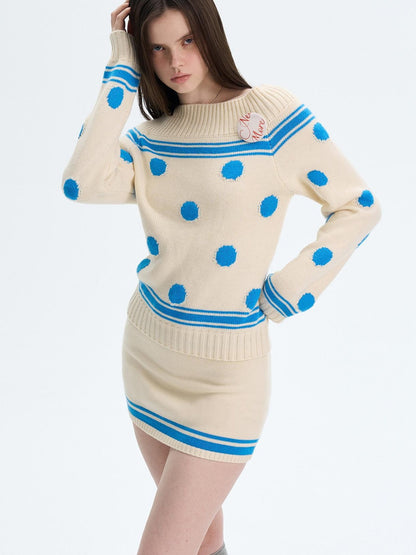 The NeverMore Cozy Thermal Acrylic Wool Polka Dot Boat Neck Relaxed Women Knit Sweaters