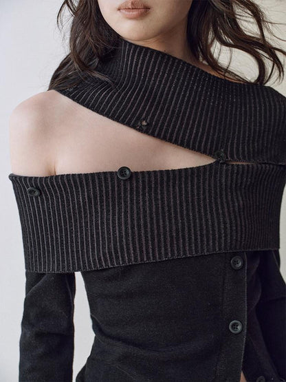 AnnoMundi Viscose Blend Slim Fit Off Shoulder Women Black Grey Long Sleeve T-Shirts