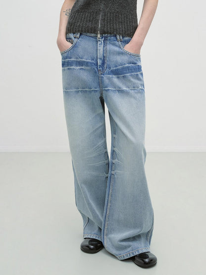 RUN TO THE FUTURE Washed Low Waist Casual Loose Fit Cotton Zipper Women Denim Blue Wide-Leg Jeans