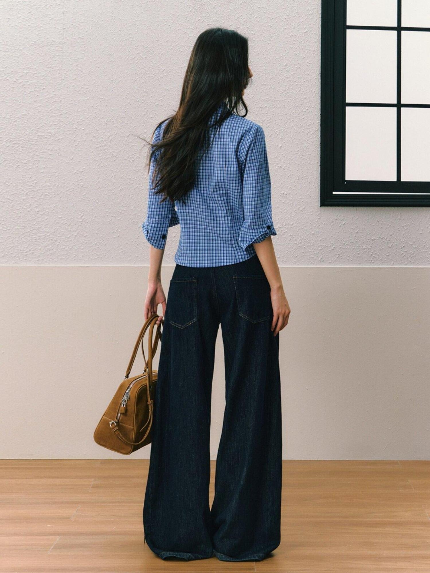 7Shiftin Dark Blue Non Stretch Natural Waist Casual Straight Cut Ladies Wide Leg Jeans
