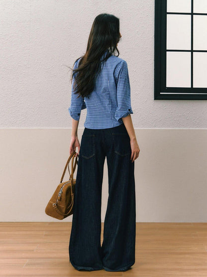 7Shiftin Dark Blue Non Stretch Natural Waist Casual Straight Cut Ladies Wide Leg Jeans