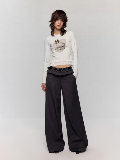 RUN TO THE FUTURE Stretch Cotton Slim Vintage Commuter Printed Lace Long Sleeve Women Crop Tops