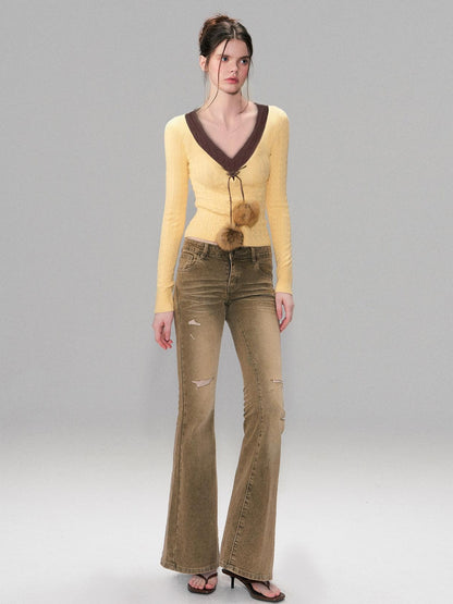 The NeverMore Viscose Blend Slim Fit Faux Layered Cropped Knit Pullover Girls Yellow Sweaters