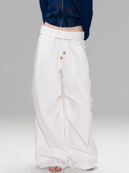 The NeverMore Cotton Blend Vintage Curved Cut Natural Waist Women White Wide Leg Pants