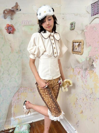 nit alcove Slimming Cute Loose Folded Princess Short Sleeve Unisex Shape Retaining Blouses