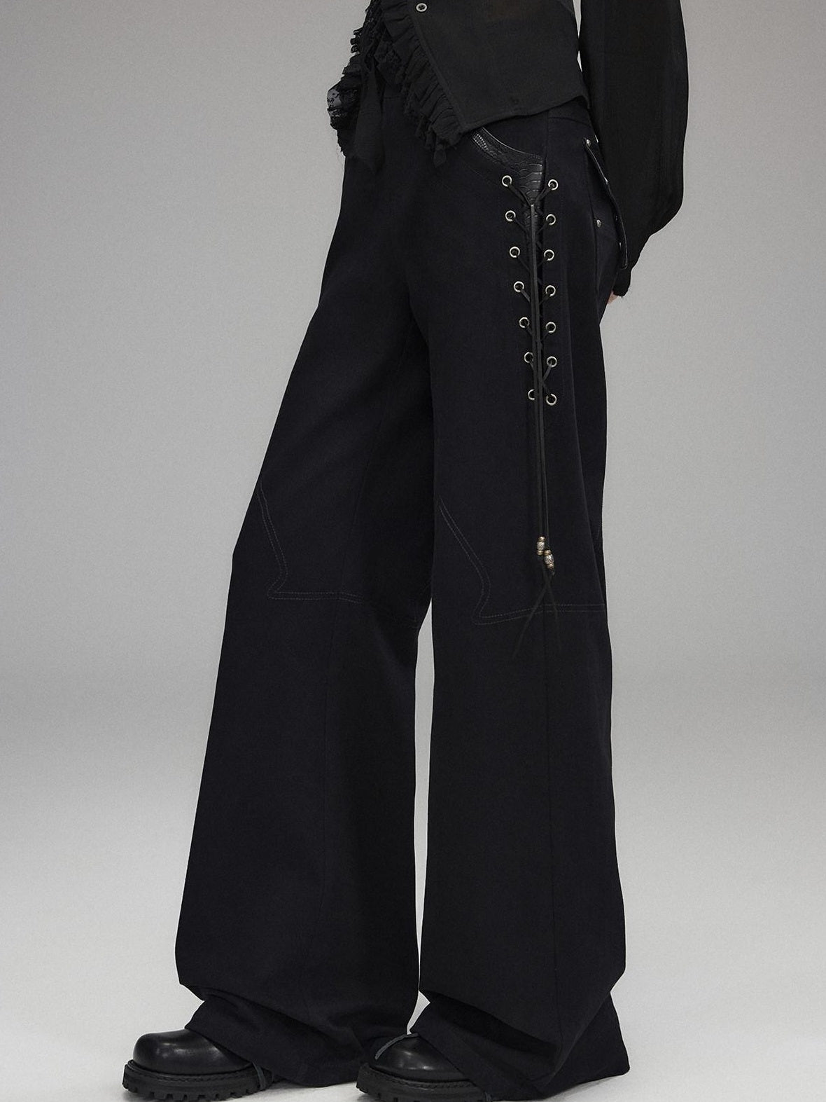 Low pixel Pure Cotton Low Rise Wide Leg Zipper Casual Womens Black Straight Pants