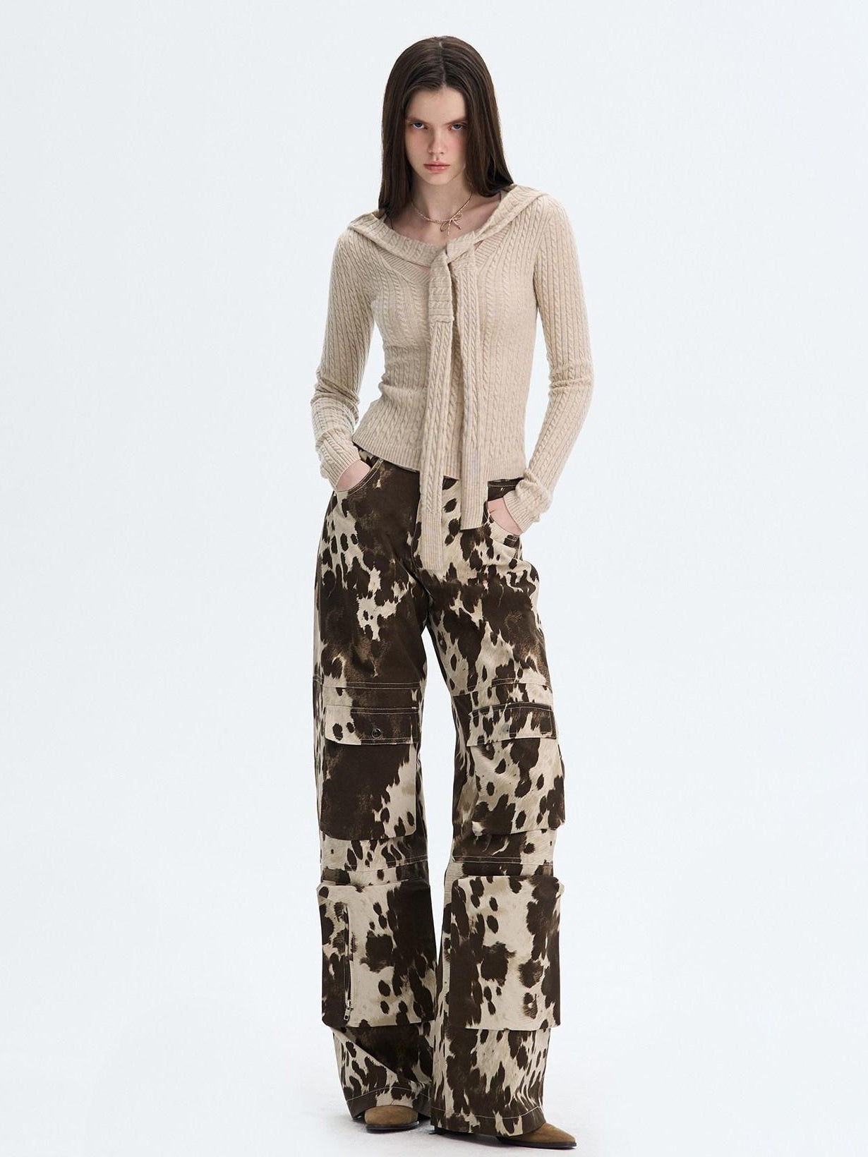 The NeverMore Khaki Wool Blend Slim Fit Layered Tie Detail Off Shoulder Pullover Sweaters