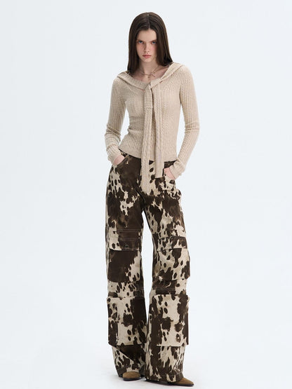 The NeverMore Khaki Wool Blend Slim Fit Layered Tie Detail Off Shoulder Pullover Sweaters