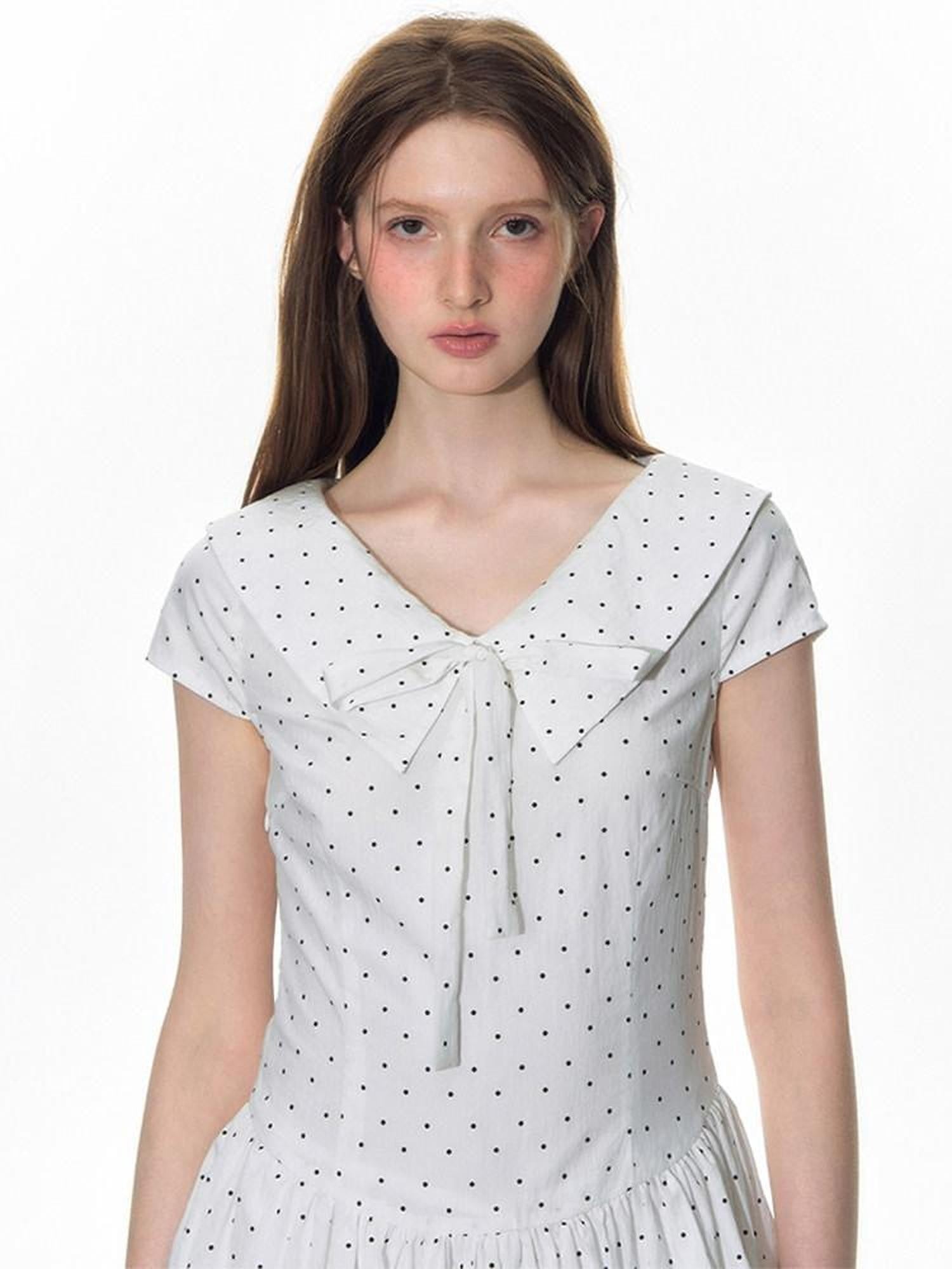 NAPSNAPS Polka Dot Sailor Collar Tie V-neck High Waist Tencel Women&