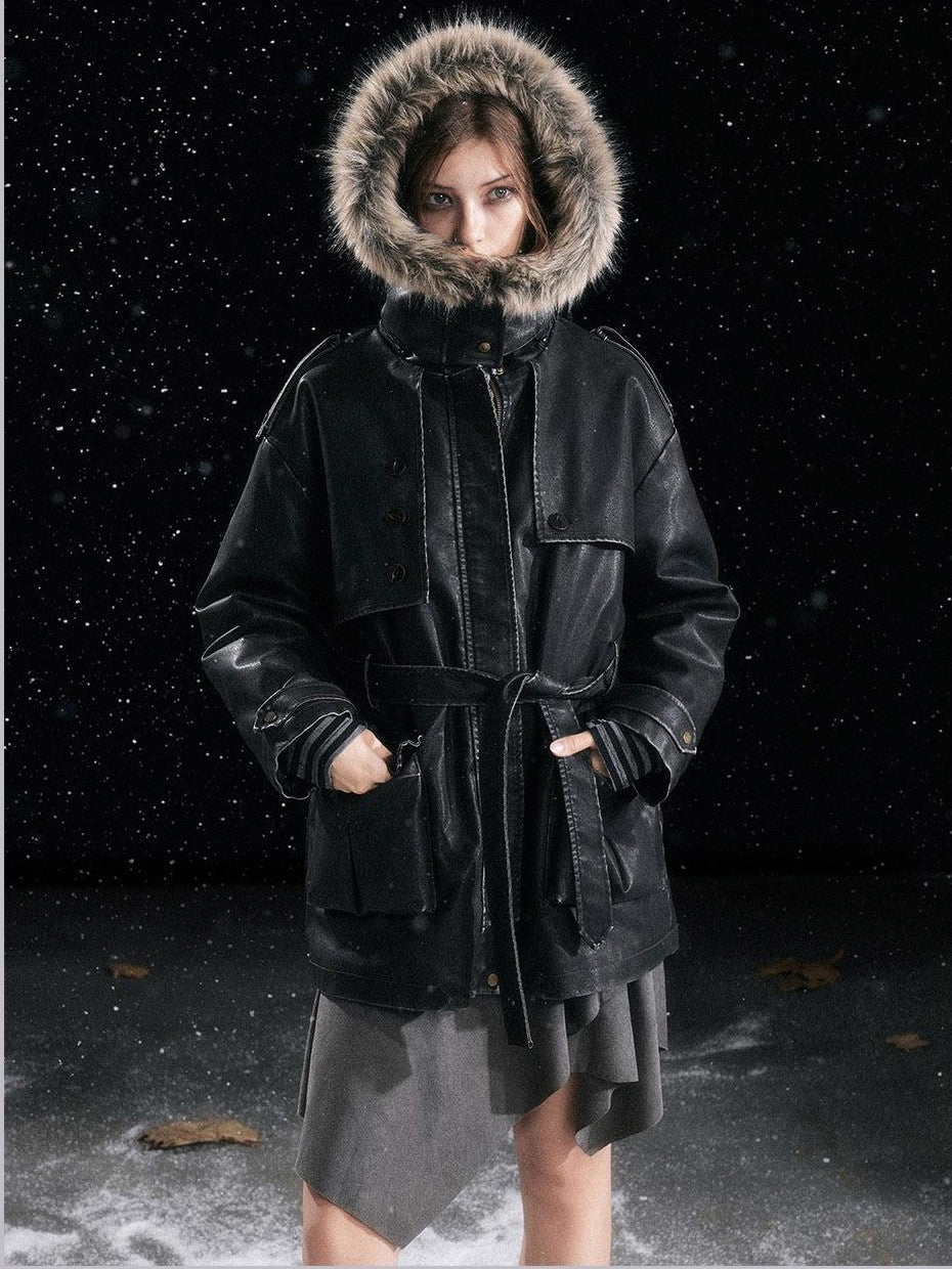 Cest Nous Fur Collar Hooded Utility Distressed Women&