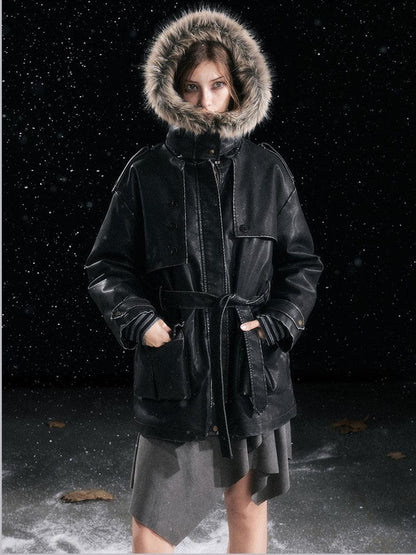 Cest Nous Fur Collar Hooded Utility Distressed Women&