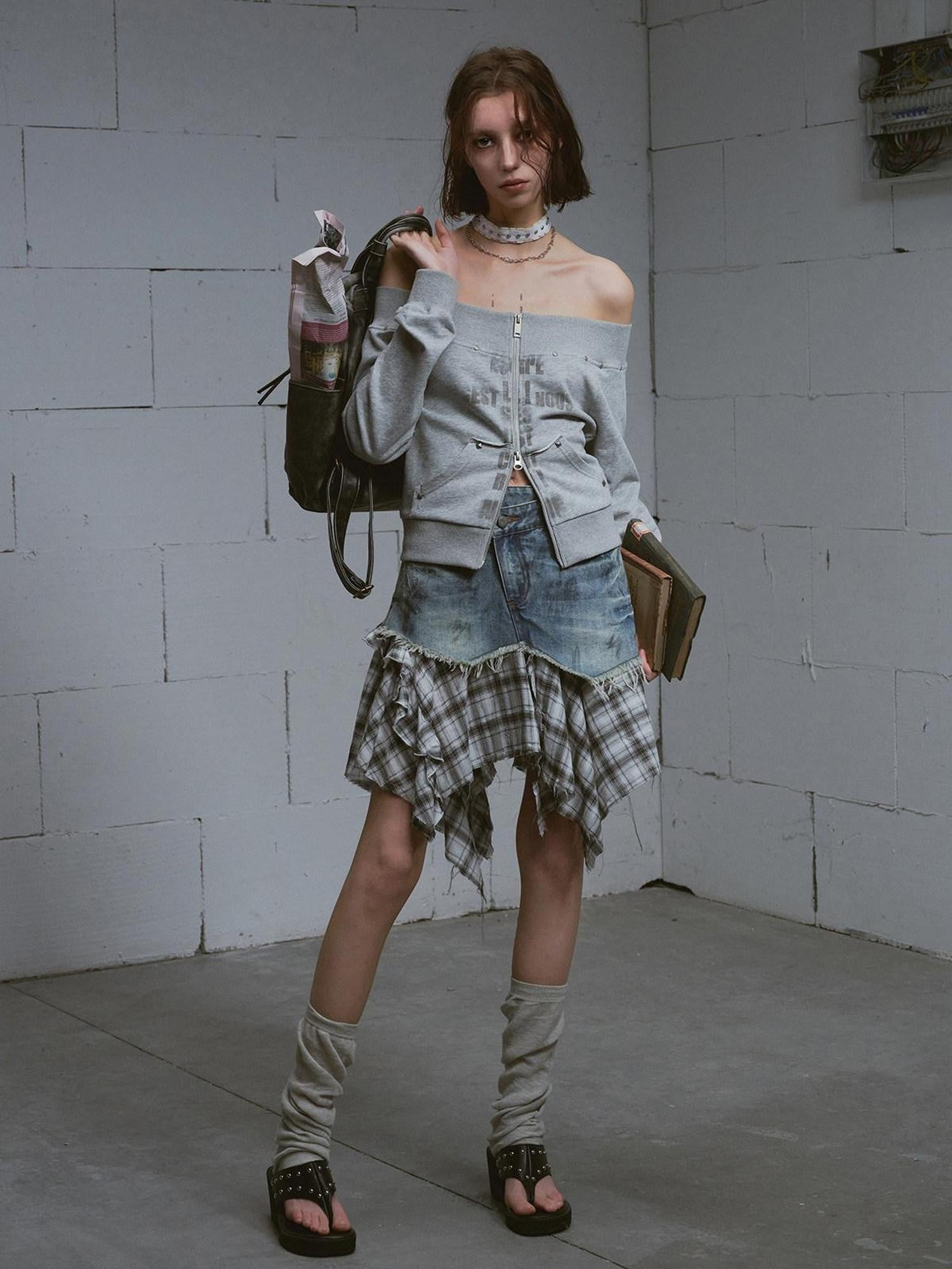 Cest Nous Washed Deconstructed Plaid Patchwork Asymmetric Women&