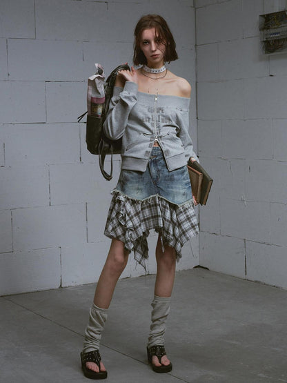 Cest Nous Washed Deconstructed Plaid Patchwork Asymmetric Women&